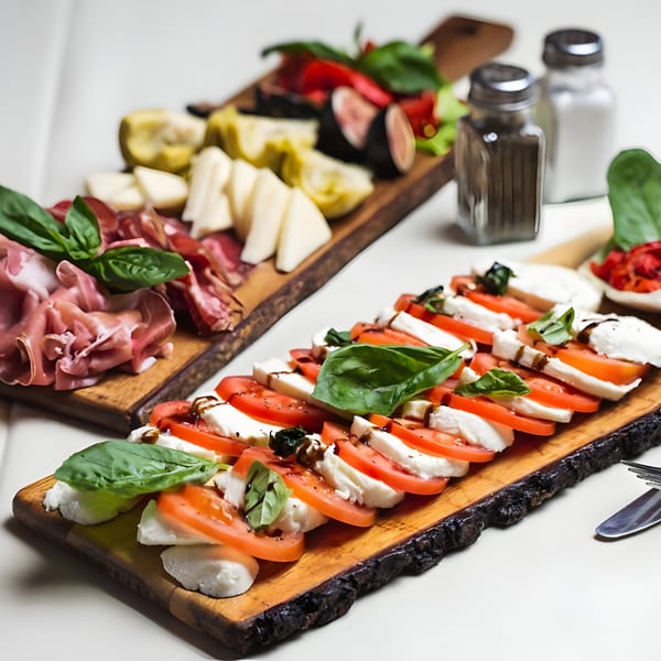 Two wooden boards with Italian appetizers: Caprese salad, prosciutto, cheese, artichokes, and figs.