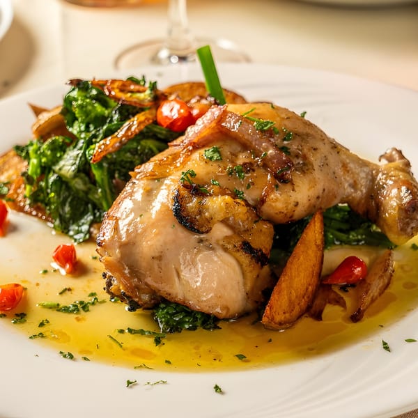 Two chicken drumsticks with roasted potatoes, sautéed greens, cherry tomatoes, and a rich sauce.