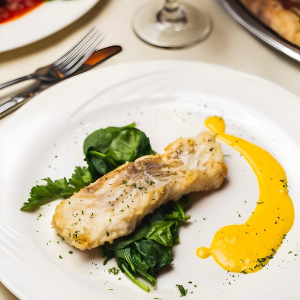 Pan-seared fish fillet on a bed of spinach with a vibrant yellow sauce, garnished with parsley.