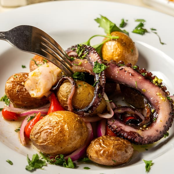 Fork piercing a tender octopus tentacle, served with roasted potatoes, red onions, and peppers.
