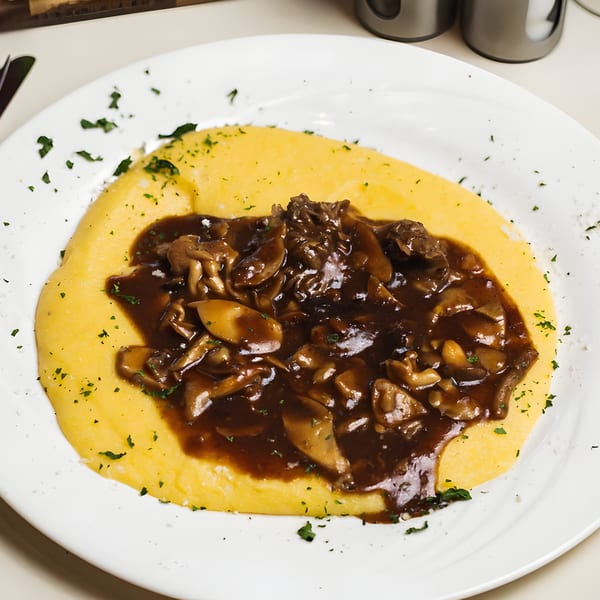 Creamy polenta topped with a rich, dark mushroom and beef ragu, garnished with parsley.