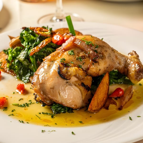 Roasted chicken leg and thigh with sautéed greens, potato wedges, and cherry tomatoes.