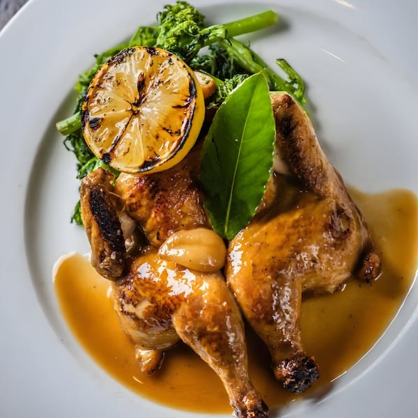 Roasted chicken with broccolini, grilled lemon, and bay leaf in a rich sauce on a white plate.