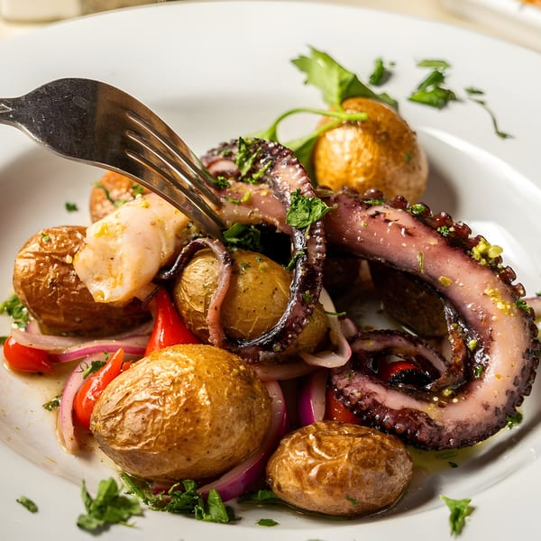 A fork piercing a piece of octopus, served with roasted potatoes, red onions, and bell peppers.